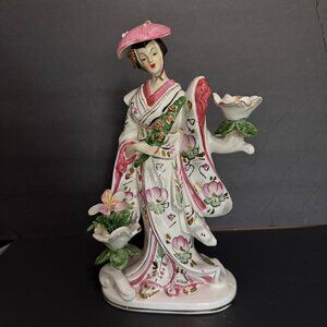 Japanese Geisha Girl Glazed Ceramic Figure Nagoya Geta Kimono Flowers Hat Damage